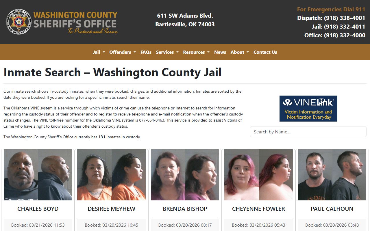 Washington County inmate search for Bartlesville 24 hour booking records