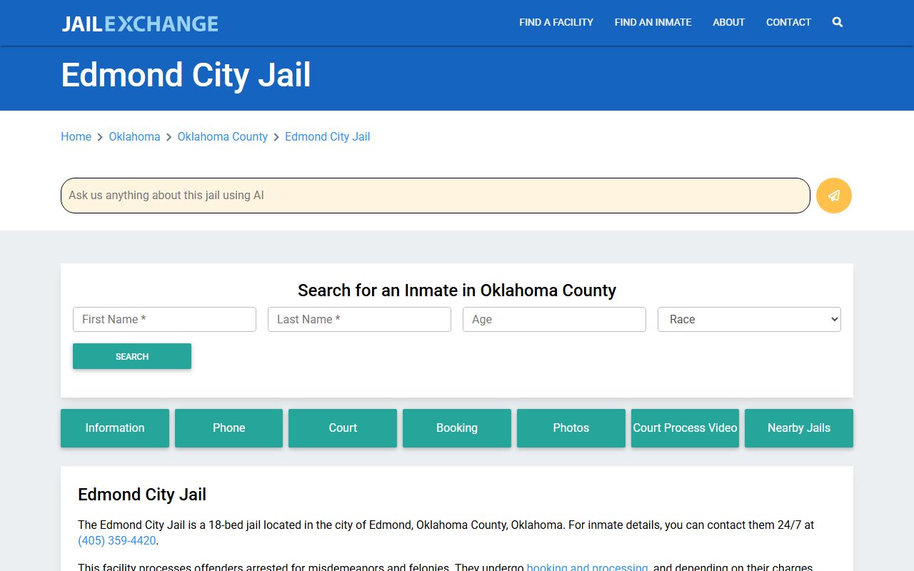 Edmond City Jail information for Edmond 24 hour booking records