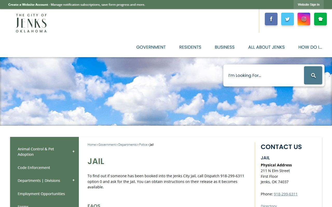 Jenks City Jail information for 24 hour booking