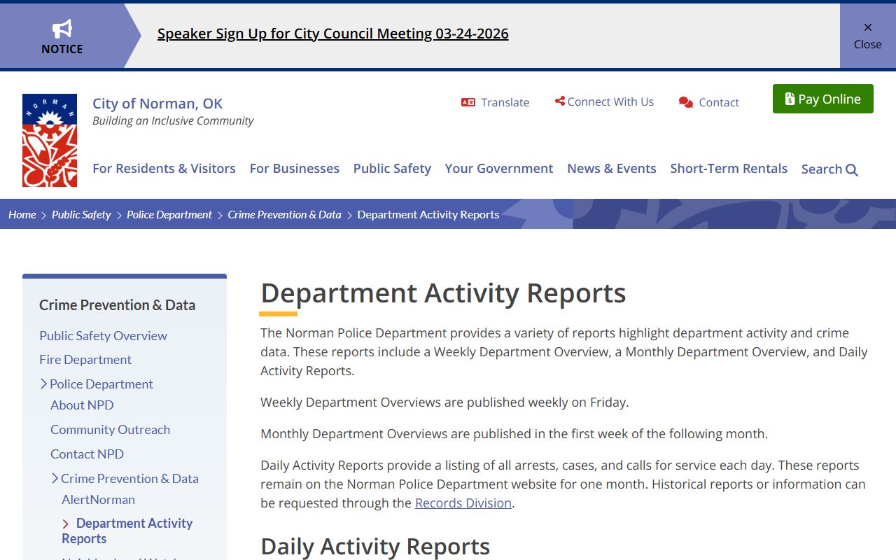 Norman Police activity reports showing 24 hour booking data