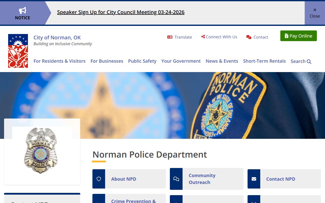 Norman Police Department website for Norman 24 hour booking records