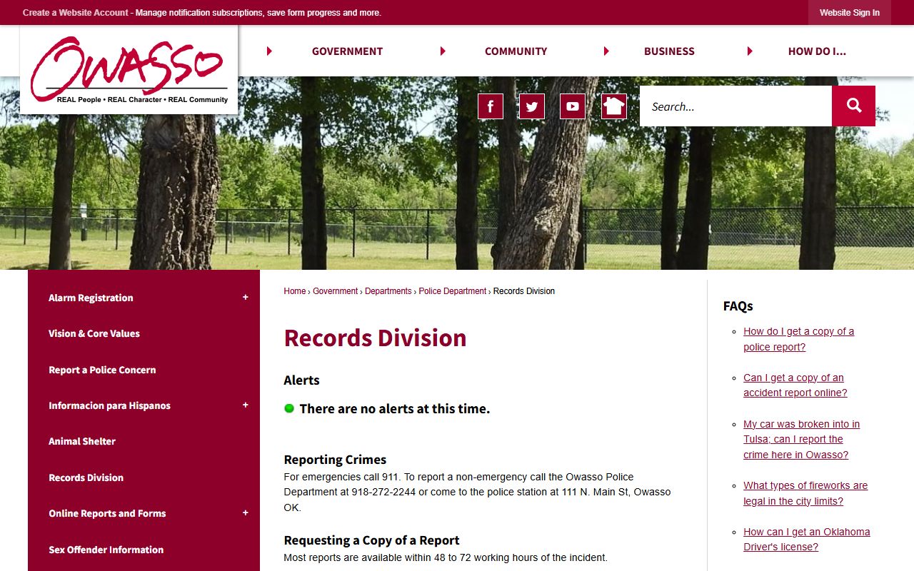 Owasso Police Records Division page for 24 hour booking records