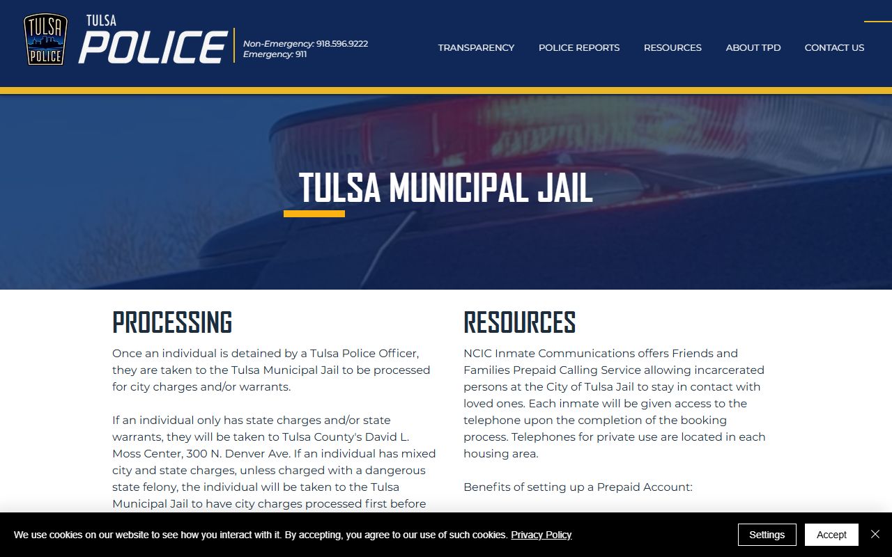 Tulsa Municipal Jail information page for Tulsa 24 hour booking
