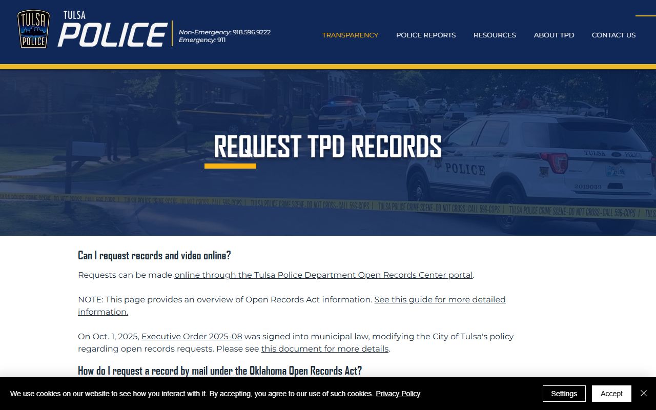 Tulsa Police open records act page for requesting 24 hour booking records