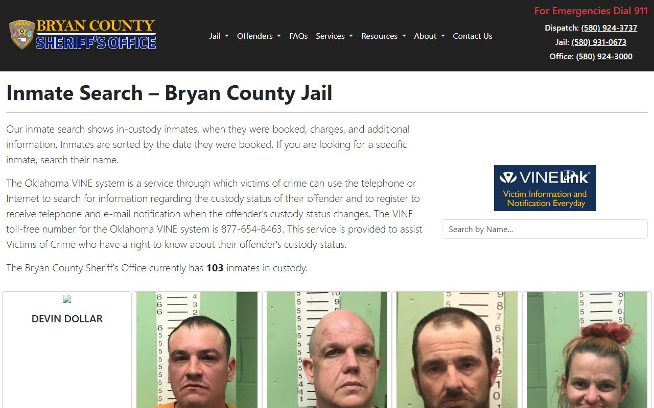Bryan County inmate search showing 24 hour booking records in Durant Oklahoma