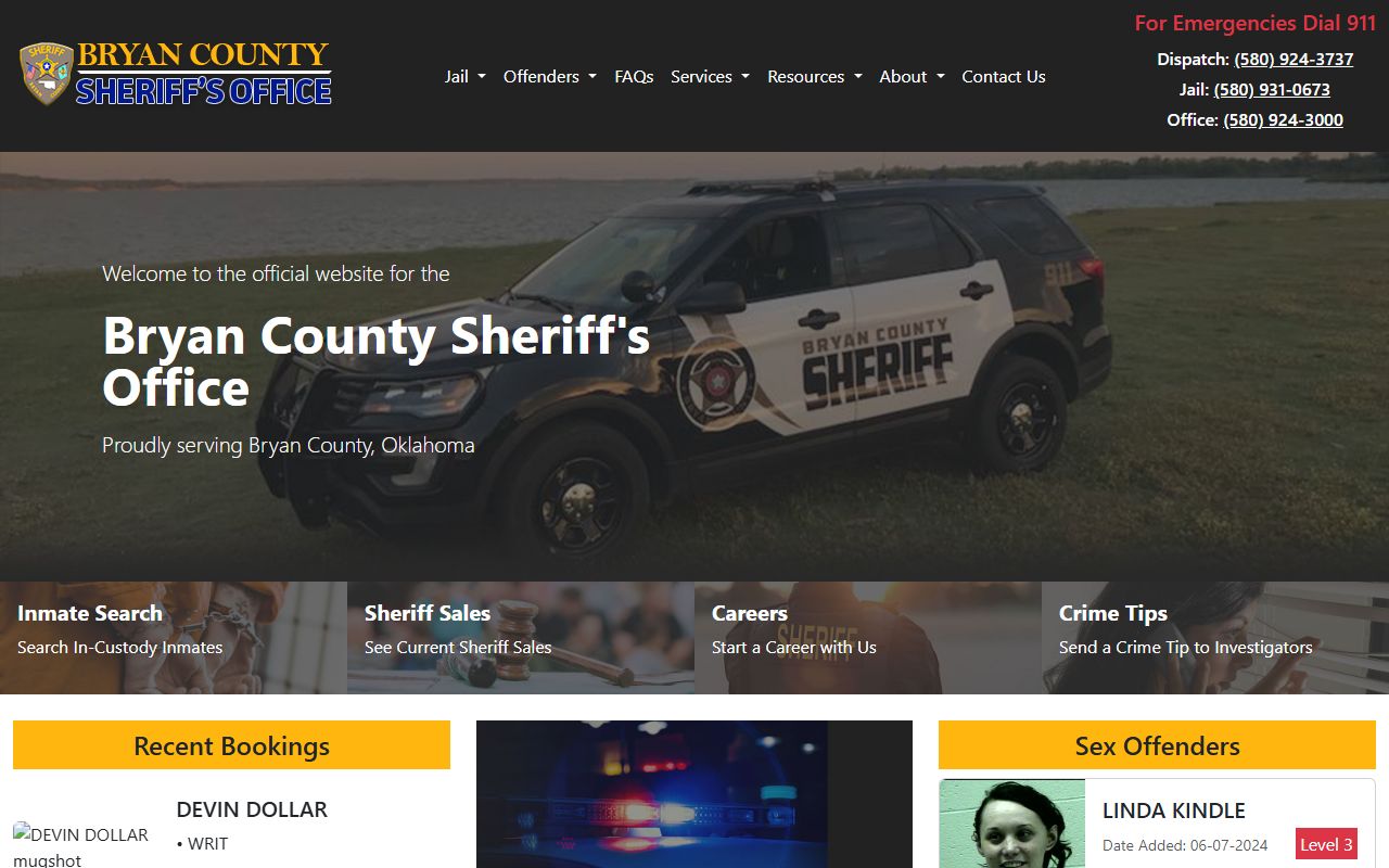 Bryan County Sheriff's Office website for 24 hour booking records in Durant Oklahoma