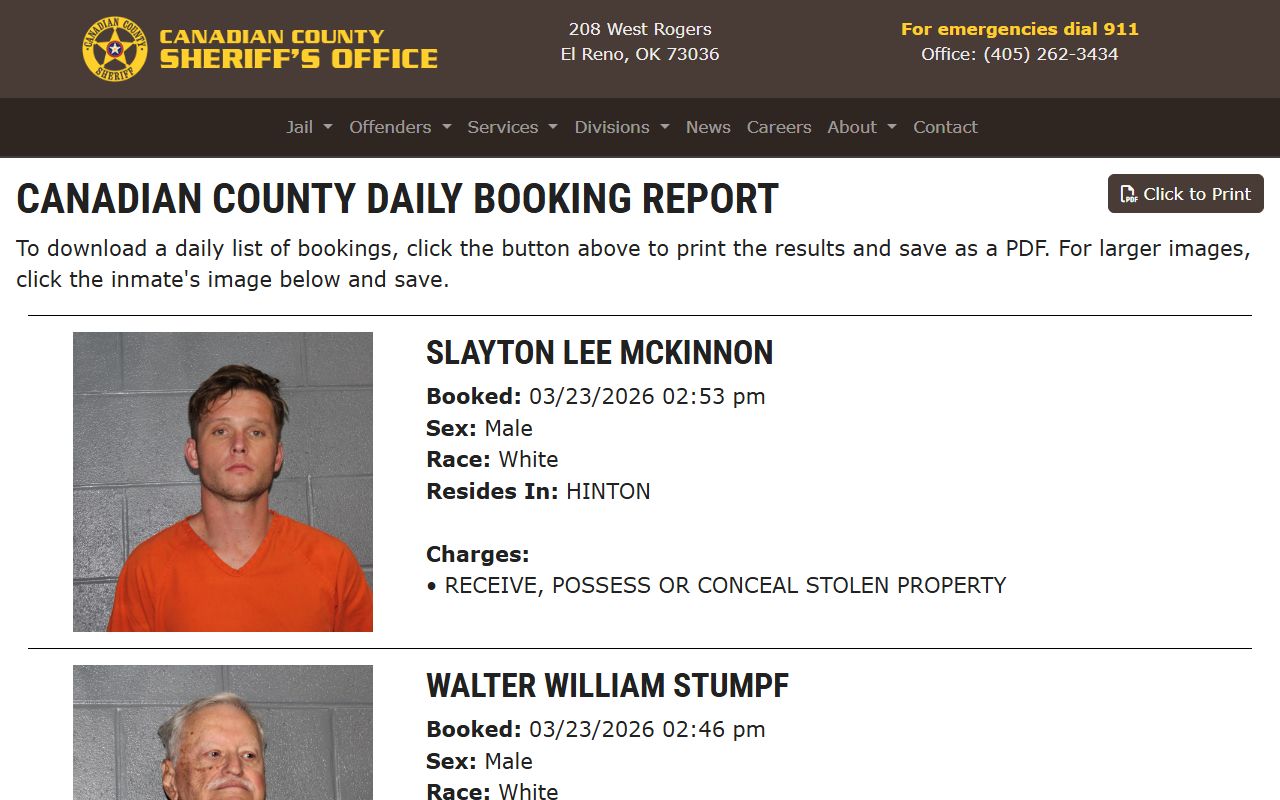 Canadian County 24 hour booking daily report in El Reno Oklahoma