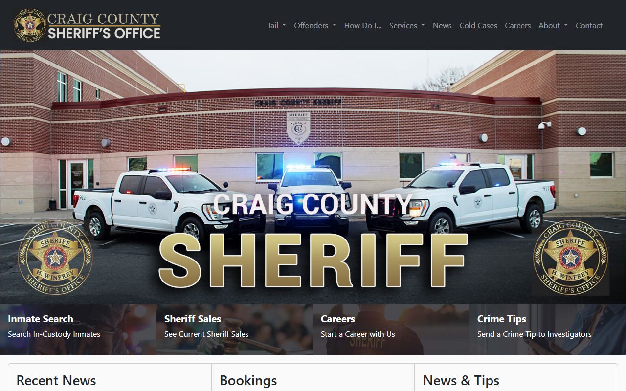 Craig County Sheriff website for 24 hour booking records in Vinita Oklahoma