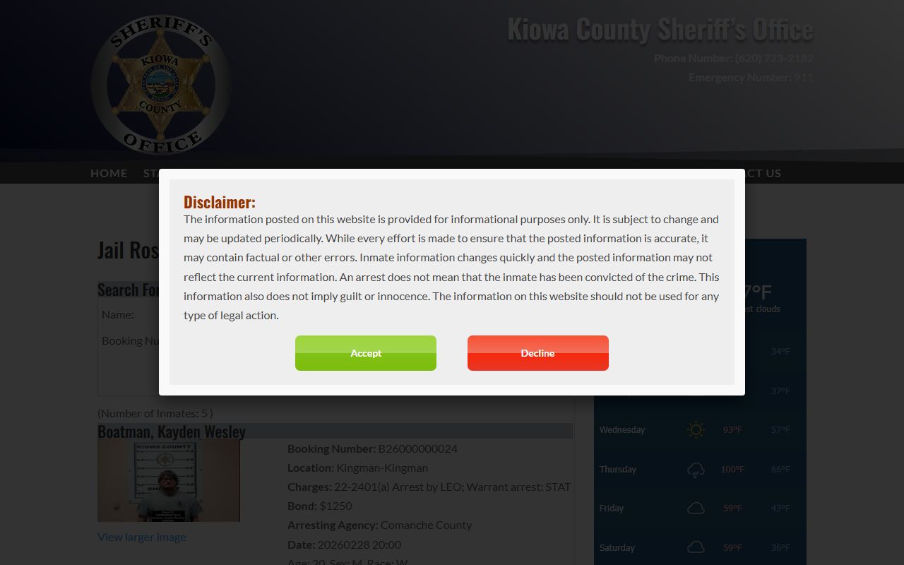 Kiowa County jail roster showing 24 hour booking records in Hobart Oklahoma