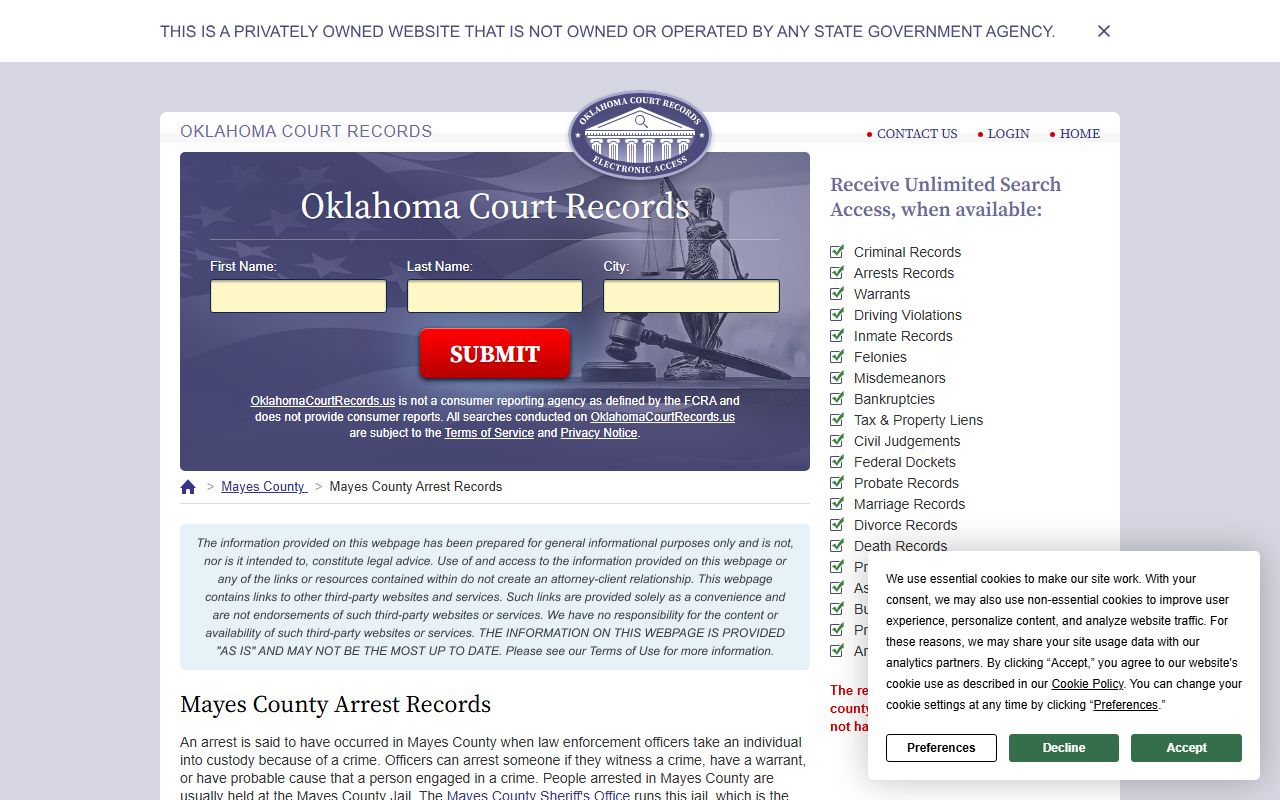 Mayes County 24 hour booking arrest records search in Pryor Oklahoma