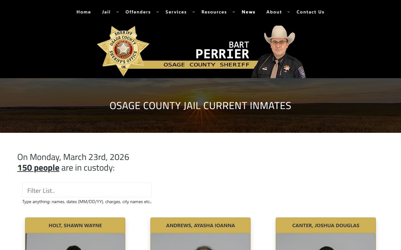 Osage County current inmates page showing 24 hour booking records in Pawhuska Oklahoma