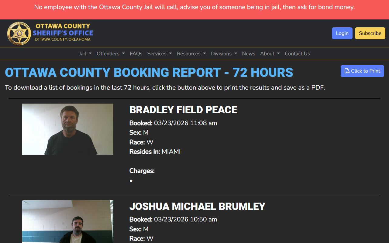Ottawa County 72-hour booking report for recent arrests in Oklahoma