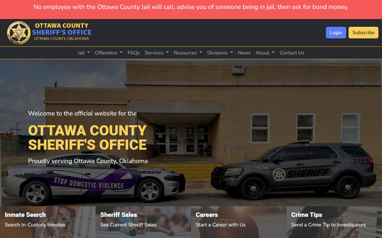 Ottawa County Sheriff Office website for 24 hour booking in Oklahoma