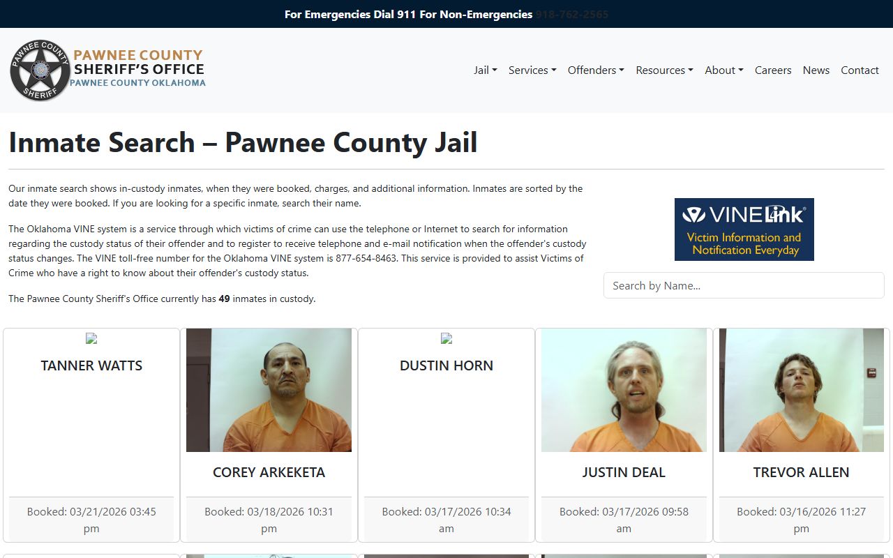 Pawnee County inmate search for 24 hour booking records in Oklahoma