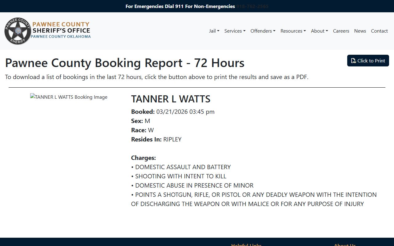 Pawnee County 72-hour booking report for recent arrests in Oklahoma