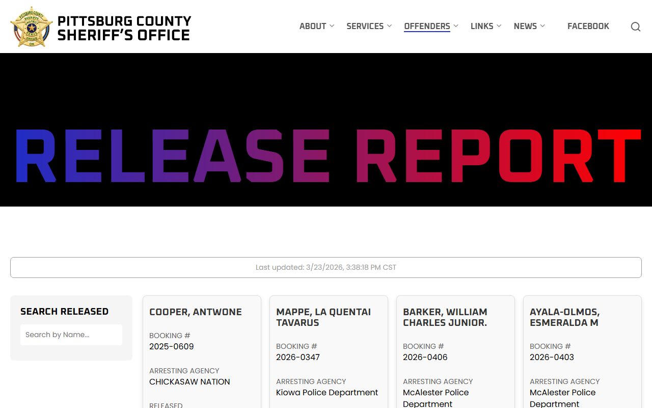 Pittsburg County release report for 24 hour booking records in Oklahoma