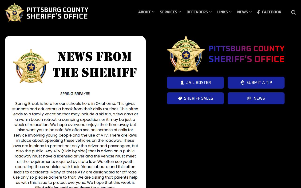 Pittsburg County Sheriff website for 24 hour booking in McAlester Oklahoma