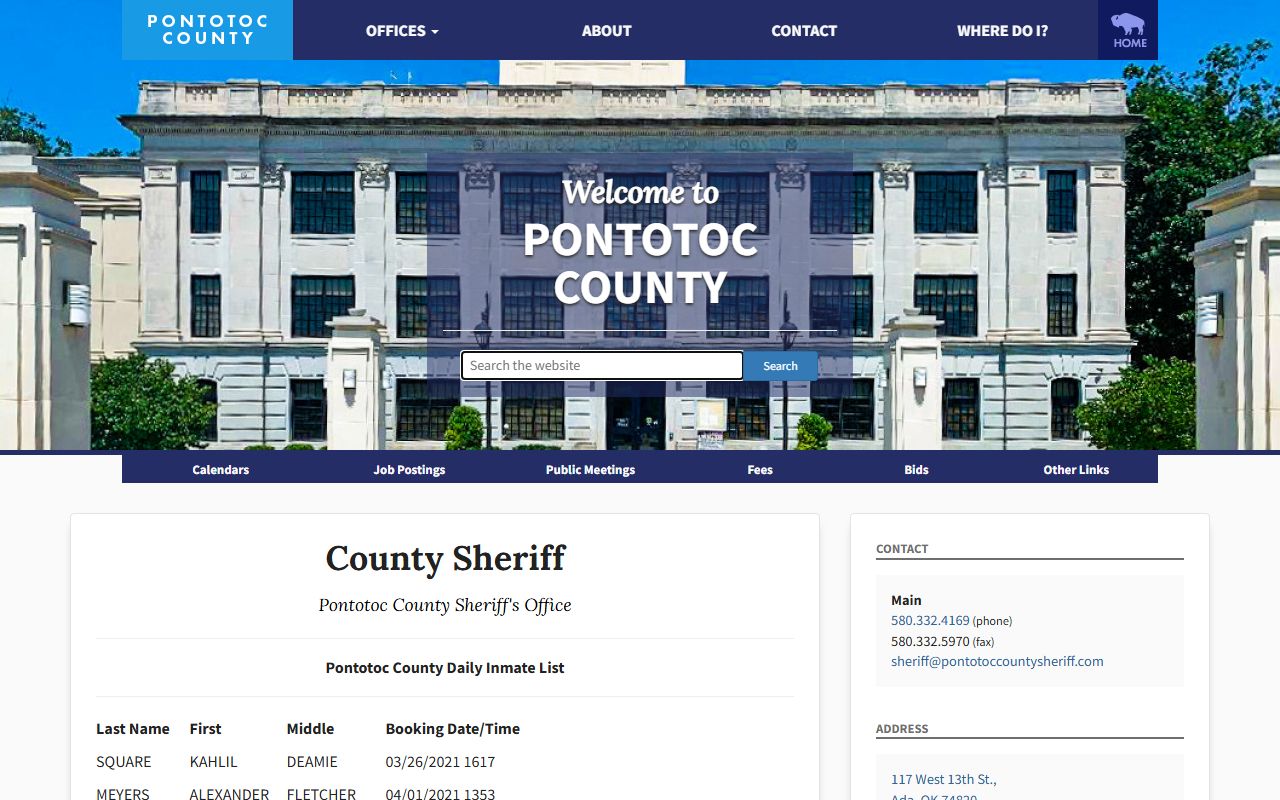 Pontotoc County daily inmate list showing 24 hour booking data in Ada Oklahoma