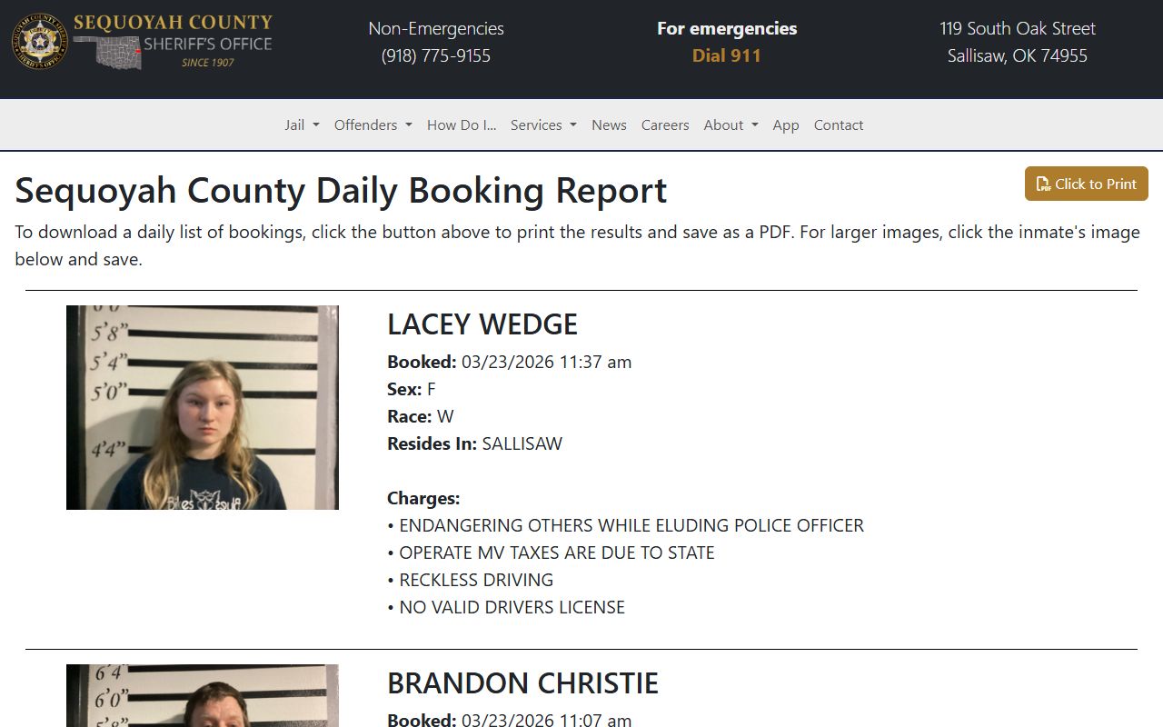 Sequoyah County daily booking report for 24 hour booking in Oklahoma