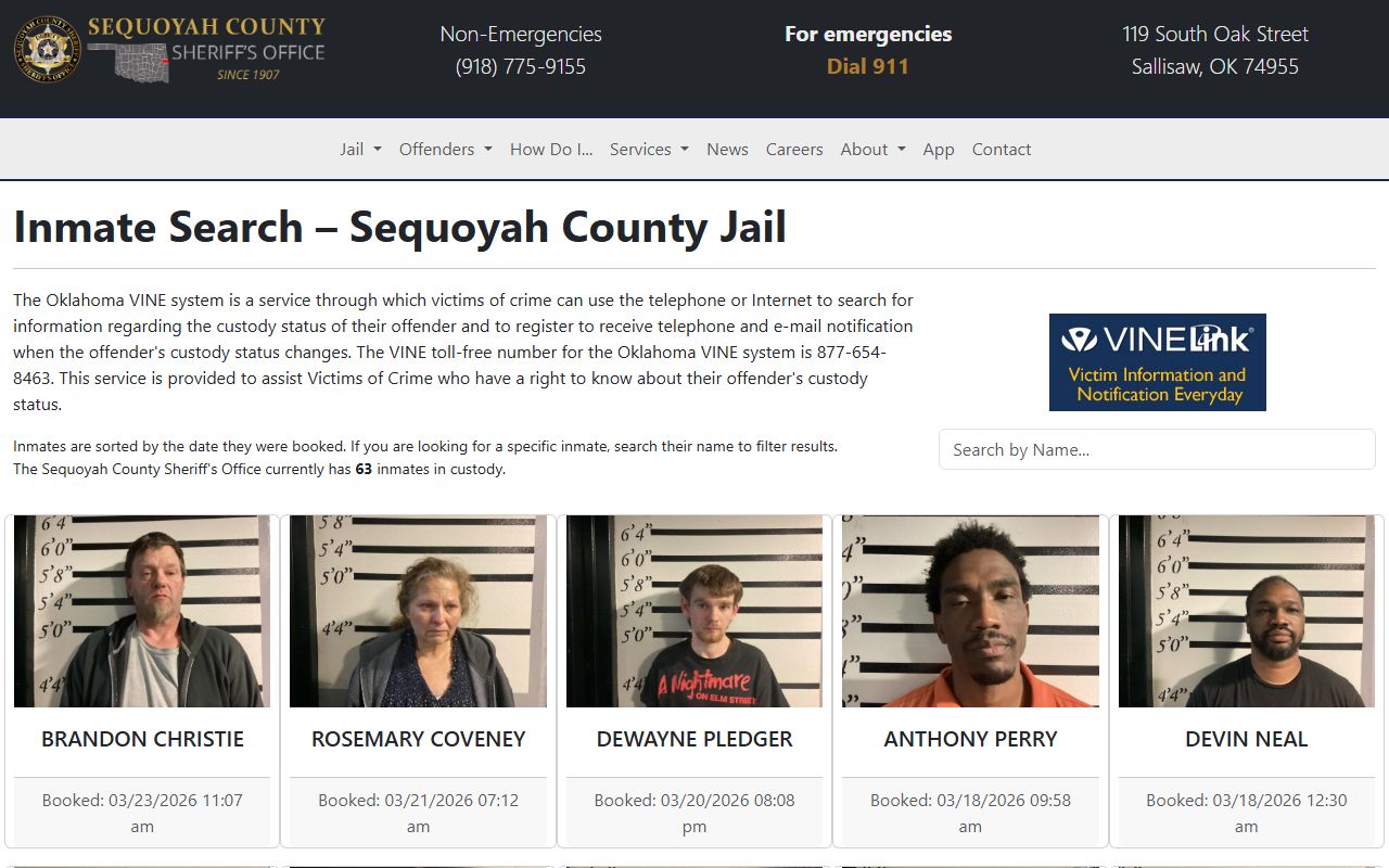 Sequoyah County inmate search for 24 hour booking records in Sallisaw Oklahoma