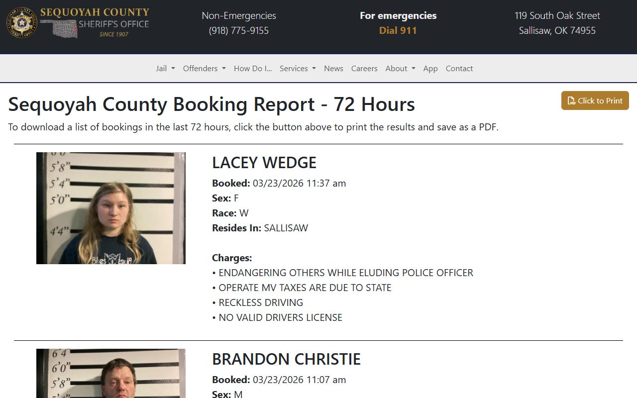 Sequoyah County weekly booking report for 24 hour booking records in Oklahoma