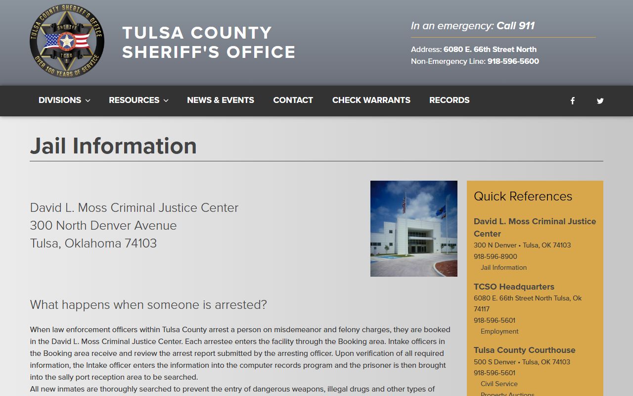 Tulsa County jail information page for Broken Arrow 24 hour booking transfers